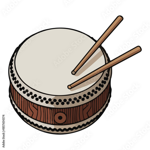 Traditional Drum Clipart – Round Wooden Percussion with White Head, Black Studs, and Crossed Drumsticks