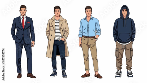 Four men in different fashion styles standing together.