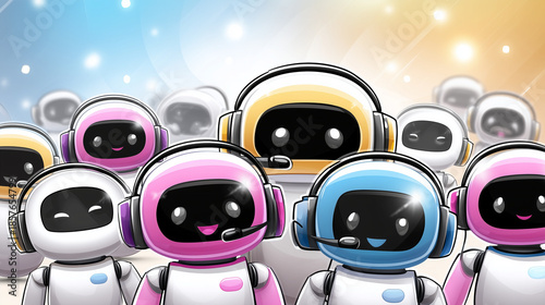 A colorful, friendly illustration-style scene featuring multiple cartoon robots wearing headsets, arranged in a cheerful group composition. The robots have rounded shapes, expressi