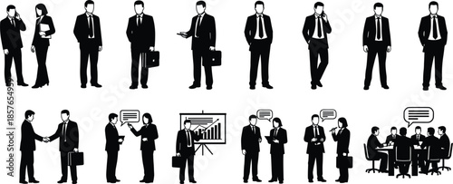 Business People Silhouette Collection Showing Corporate Professionals, Meetings, Presentations and Office Interaction Scenes Vector Set