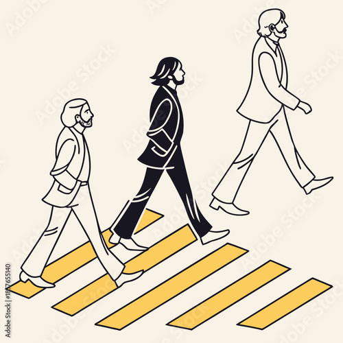 Retro illustration walking man street crosswalk flat design minimal style vintage band line art vector art nostalgic retro