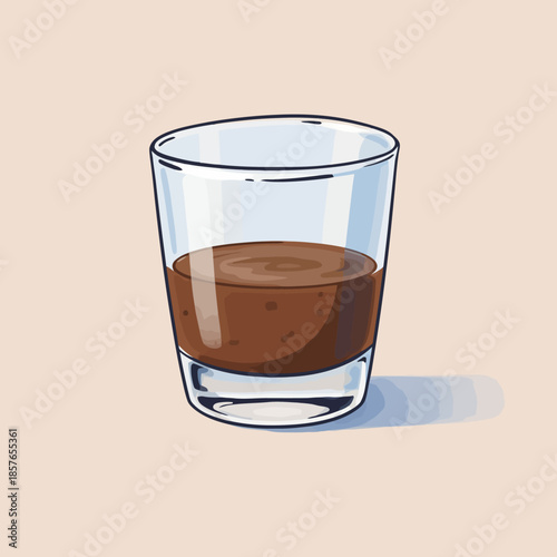 A clear glass half-filled with a dark brown liquid, possibly chocolate milk or coffee, on a light background.