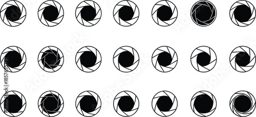 Camera Aperture Shutter Icon Collection Showing Photography Lens Diaphragm Symbols in Different Positions Black Vector Set