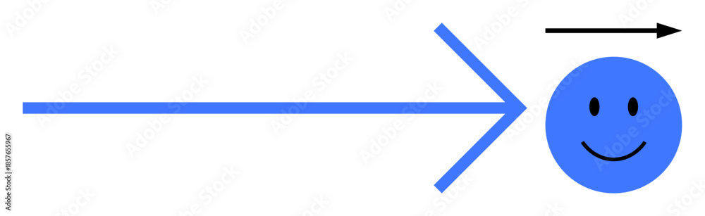 Fototapeta premium Progress concept. Blue arrow pointing to a smiling face conveys progress, positivity, and forward movement. Progress in business, personal growth, technology, and innovation. Fits teamwork success
