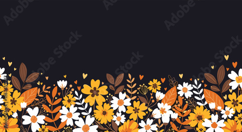 Beautiful autumn floral border with yellow, orange, and white flowers on a dark background, providing ample copy space above.
