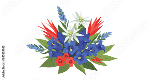 Beautiful bouquet of traditional alpine flowers, featuring blue gentian, white edelweiss, and other colorful mountain blossoms.