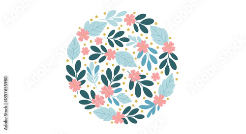 Charming circular composition filled with a delightful pattern of simple pink flowers and blue-green leaves on a white background.