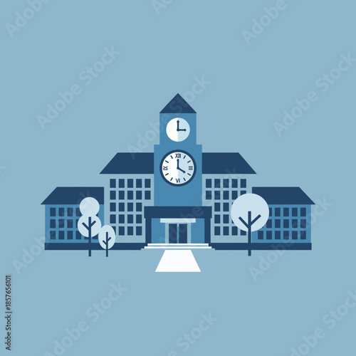 Blue school building with clock tower and trees in flat style