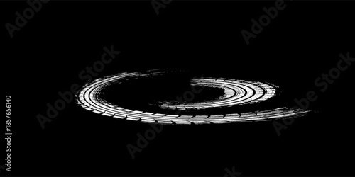 Tire track. Car, bike, motorcycle tyre mark with grunge effect isolated on white background. Wheel footprint on the road. Top view of rubber protector mark. vector