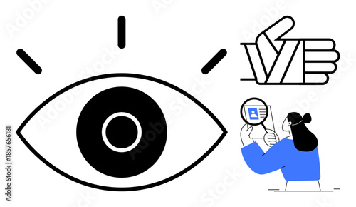 Visual monitoring concept. An eye graphic, a thumbs-up, and a person examining a document with a magnifying glass visual monitoring, analysis, and quality checks. Perfect for tech, security, data