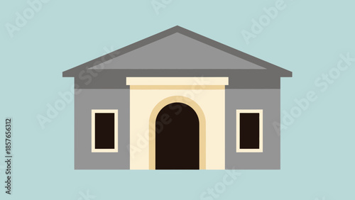 Flat illustration of a gray building with a beige entrance and windows