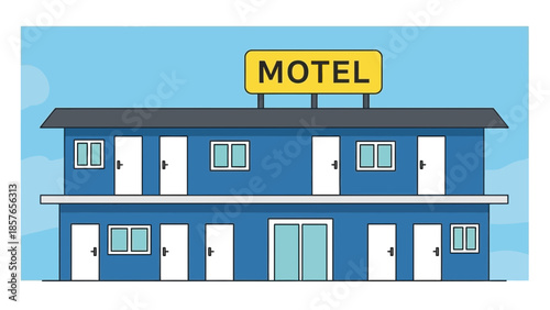 Blue two-story motel building with a yellow sign under a clear sky