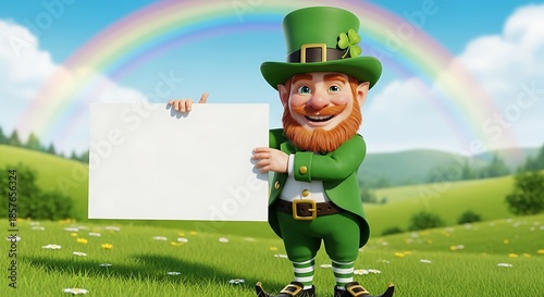 Cheerful leprechaun holds blank sign in grassy field with rainbow.