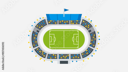 Overhead view of a green sports stadium with spectators and flag