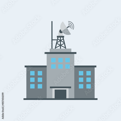 Flat illustration of a building with a satellite dish on its roof