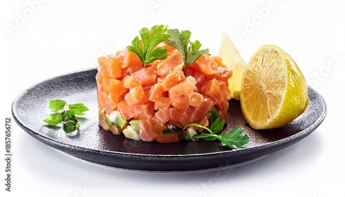 fresh salmon tartare preparation kitchen food bright isolated on white background