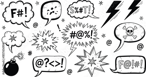 Comic Speech Bubble and Cursing Symbols Collection with Swear Signs Lightning Explosions and Cartoon Emotions Hand Drawn Vector Set