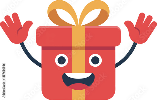 Vibrant Red Gift Box Character with Golden Ribbon Vector Graphic Illustration for Celebrations and Gift Ideas