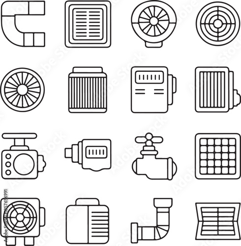 Collection of essential line-drawn icons representing various household and industrial plumbing, heating, and ventilation appliances