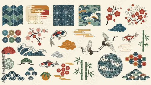 A beautiful collection of traditional Japanese design elements, featuring elegant koi fish, graceful cranes, delicate cherry blossoms, bamboo, and classic wave patterns for graphic projects
