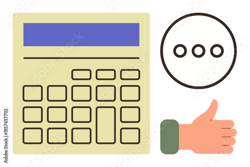 Calculator representing calculation, three dots symbolizing decisions, and thumbs-up for positive feedback. Ideal for finance, decision-making, feedback, approval, planning, accounting productivity