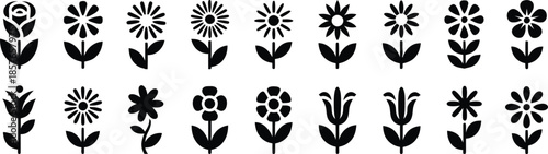Collection of Black and White Flower Silhouettes on Transparent Background