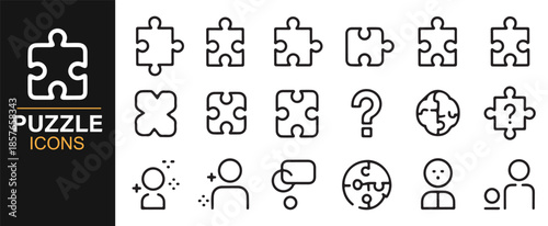 Jigsaw puzzle and solution concept icons