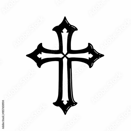 Black ornate gothic cross design on a white background, symbolizing faith and spirituality.
