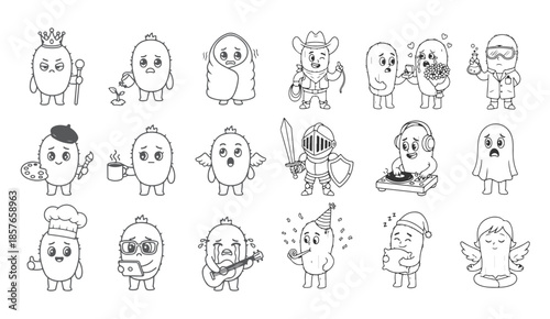 Big Set of Funny and Cute Cartoon Cactus Characters in Pots, Vector Doodle Collection