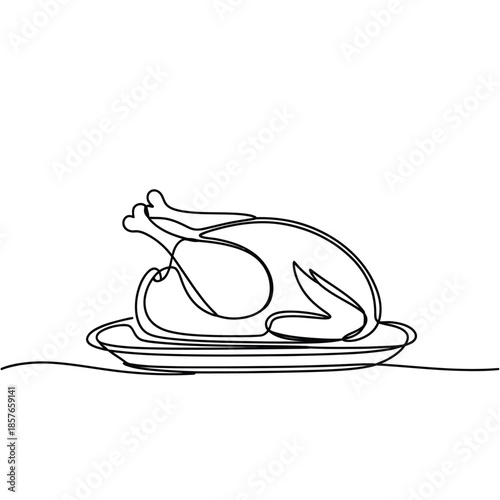 A continuous line drawing of a roasted turkey on a plate