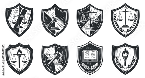 A collection of legal-themed shields featuring scales, gavel, book, and torch in black and white outline vector style, ideal for law firm branding or educational materials
