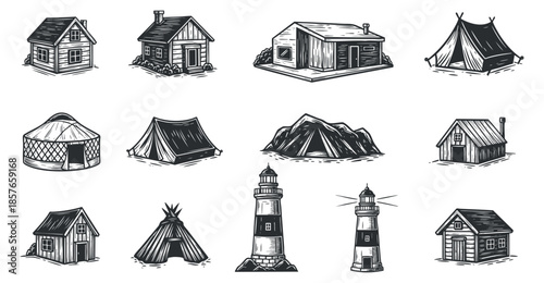 A collection of various shelters including houses, tents, and a lighthouse in black and white hand-drawn vector style, ideal for outdoor adventure themes