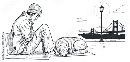 A homeless man sitting with his dog on the street in black and white vector style, depicting urban life and companionship