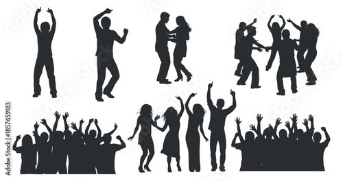 A collection of dancing people silhouettes in black vector style, perfect for event promotions and party themes