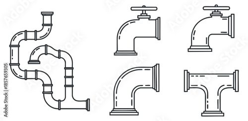 A collection of plumbing pipes and valves in clean outline vector style, suitable for engineering and plumbing design projects