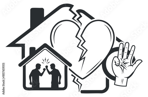 Domestic violence and family conflict icons in black and white illustration style, vector illustration isolated on transparent background.
