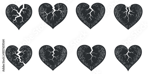 A collection of eight broken heart icons in black and white outline vector style, ideal for emotional design projects