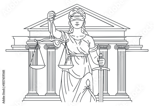 A depiction of Lady Justice holding scales and a sword in outline vector style, suitable for legal themes and justice-related projects