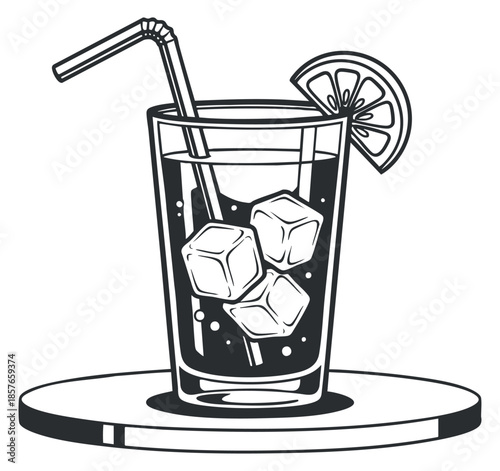 A glass of iced beverage with lemon slice and straw in black and white minimalist vector style, ideal for summer menus and refreshment branding