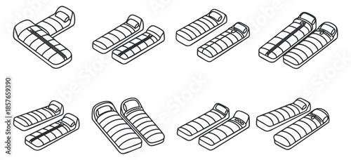 A collection of various slipper designs in clean black and white outline vector style, ideal for fashion and footwear branding