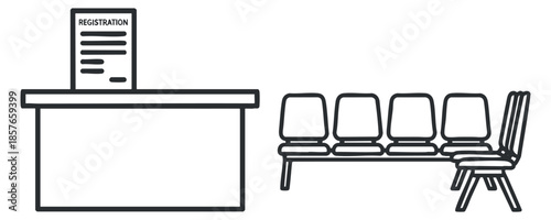 A registration desk with a sign and a row of waiting chairs in minimalist black outline vector style, suitable for office design and administrative purposes