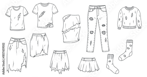 A collection of various clothing items including t-shirts, skirts, jeans, and socks in minimalist black outline vector style, perfect for fashion design projects