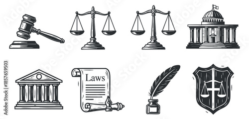Law and justice icons set in black and white illustration style, vector illustration isolated on transparent background.