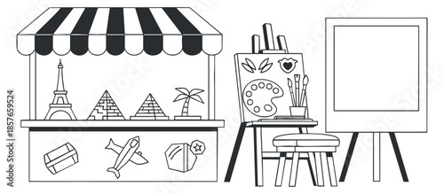 A black and white vector illustration of a market stall featuring famous landmarks and art supplies, ideal for travel and creative projects