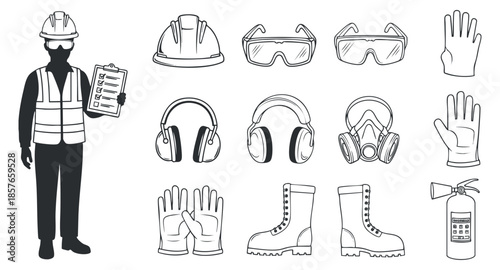 A set of construction safety equipment icons including a helmet, gloves, goggles, and boots in black and white outline vector style, perfect for safety manuals and training materials