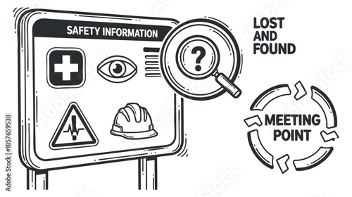 A safety information sign featuring a magnifying glass, hard hat, and icons in black and white outline vector style, ideal for workplace safety guidelines