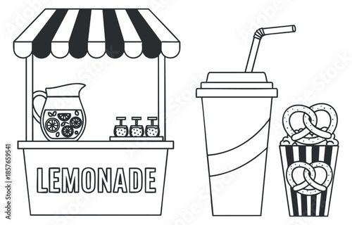 A lemonade stand with a pitcher and cups alongside a drink cup and pretzel snacks in black and white minimalist vector style, ideal for summer events or food branding