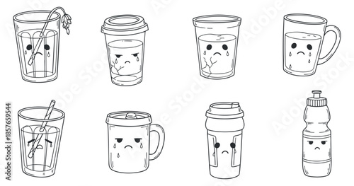 A collection of sad drink illustrations featuring various beverage containers in outline minimalist vector style, suitable for creative projects and branding