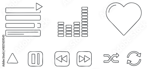 A set of music control icons including play, pause, rewind, and volume in minimalist black outline vector style, perfect for app design and user interfaces