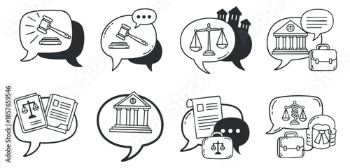 A collection of legal icons featuring a gavel, scales of justice, court buildings, and speech bubbles in black and white vector style, ideal for legal and advocacy projects